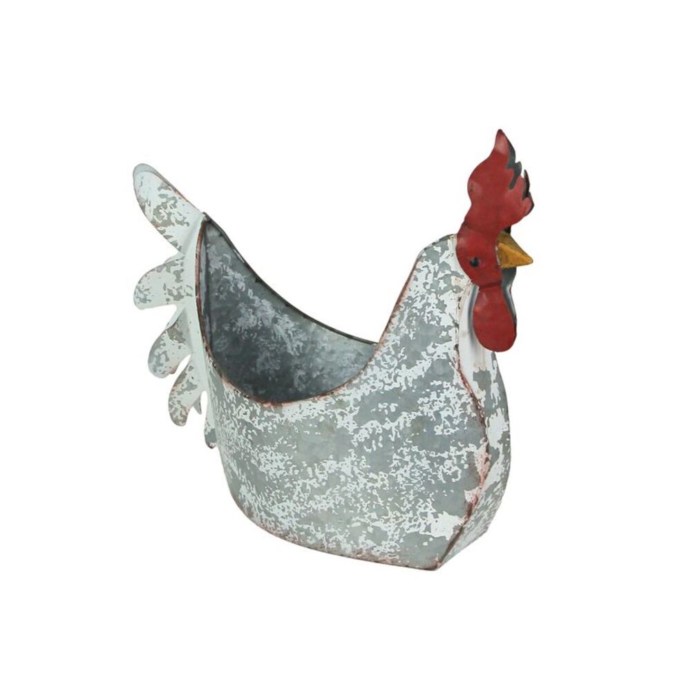 Weathered White Galvanized Metal Rooster Planter - Farmhouse Garden Decor